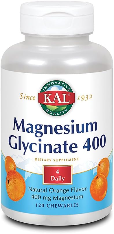 KAL® Magnesium Glycinate 400 mg | Chelated Magnesium Supplement | High Absorption, Gentle Digestion | Sugar Free Natural Orange Flavor | 120 Chewables