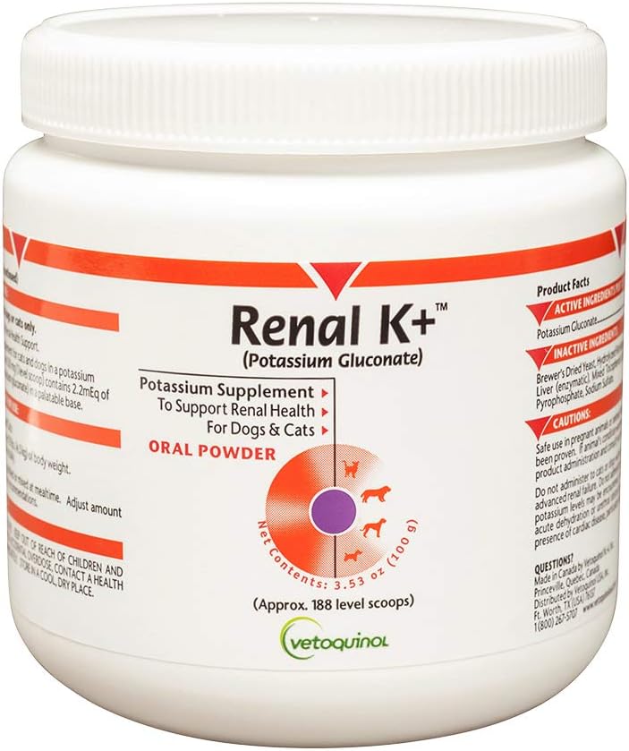 Vetoquinol Renal K+ (Potassium Gluconate) Potassium Supplement Powder for Dogs and Cats, 3.5oz