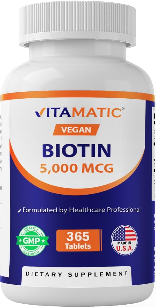 Vitamatic Biotin 5000mcg (5 mg) for Stronger Hair, Skin & Nails - 365 Vegan Tablets- Also Called Vitamin B7