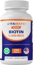 Vitamatic Biotin 5000mcg (5 mg) for Stronger Hair, Skin & Nails - 365 Vegan Tablets- Also Called Vitamin B7