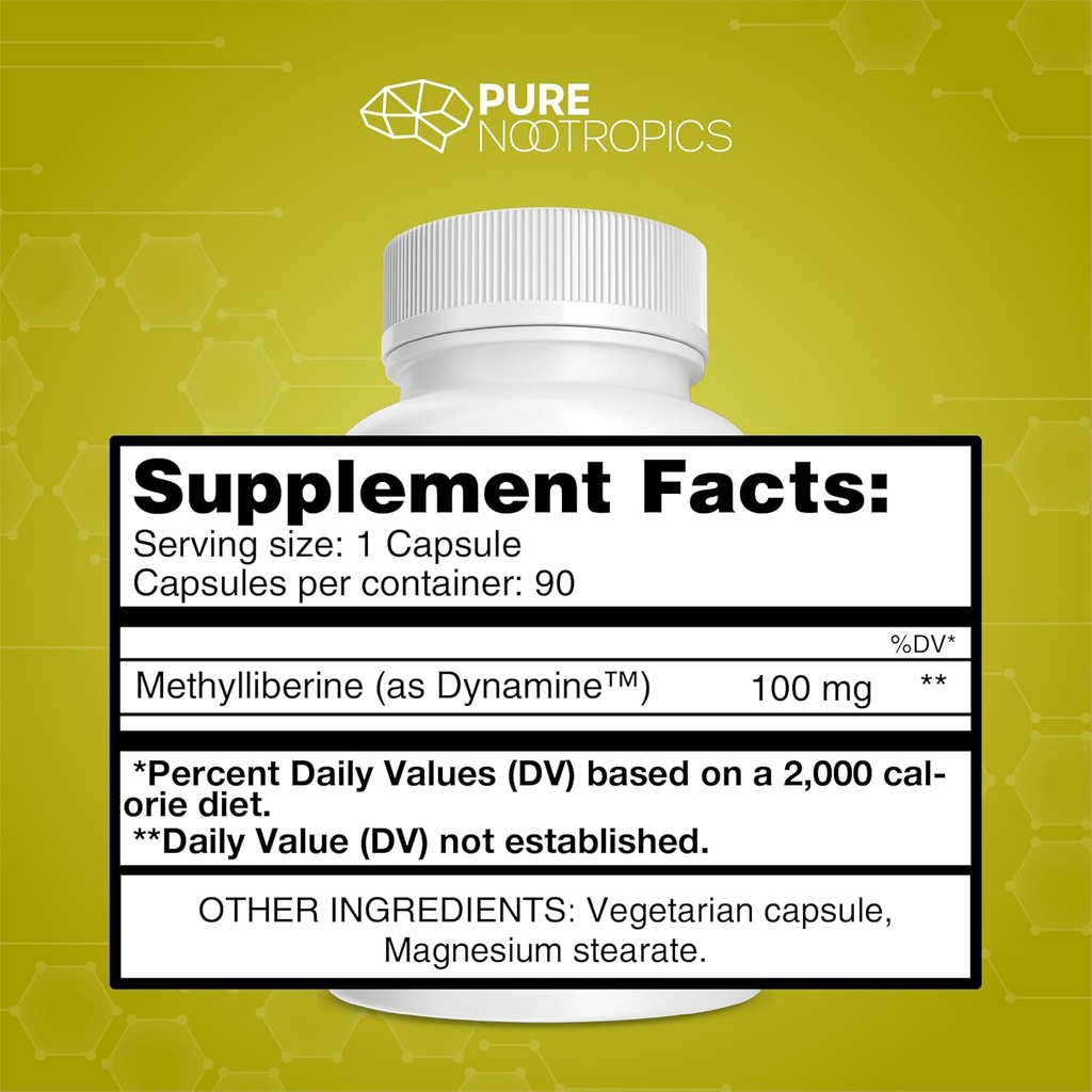 Pure Nootropics - Dynamine (Methylliberine: 1,7,9-tetramethyluric Acid) 100 mg Capsules (90) | Increased Energy, Focus & Alertness | in House & Rigorous 3rd Party Testing for Higher Purity & Potency