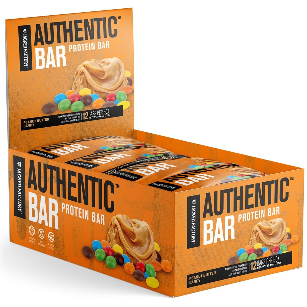 Jacked Factory Authentic Bar Peanut Butter Candy Protein Bars - Tasty Meal Replacement Energy Bars w/ 16g Whey Protein Isolate, Natural Sugars from Pure Honey, Healthy Fat - 12 Pack