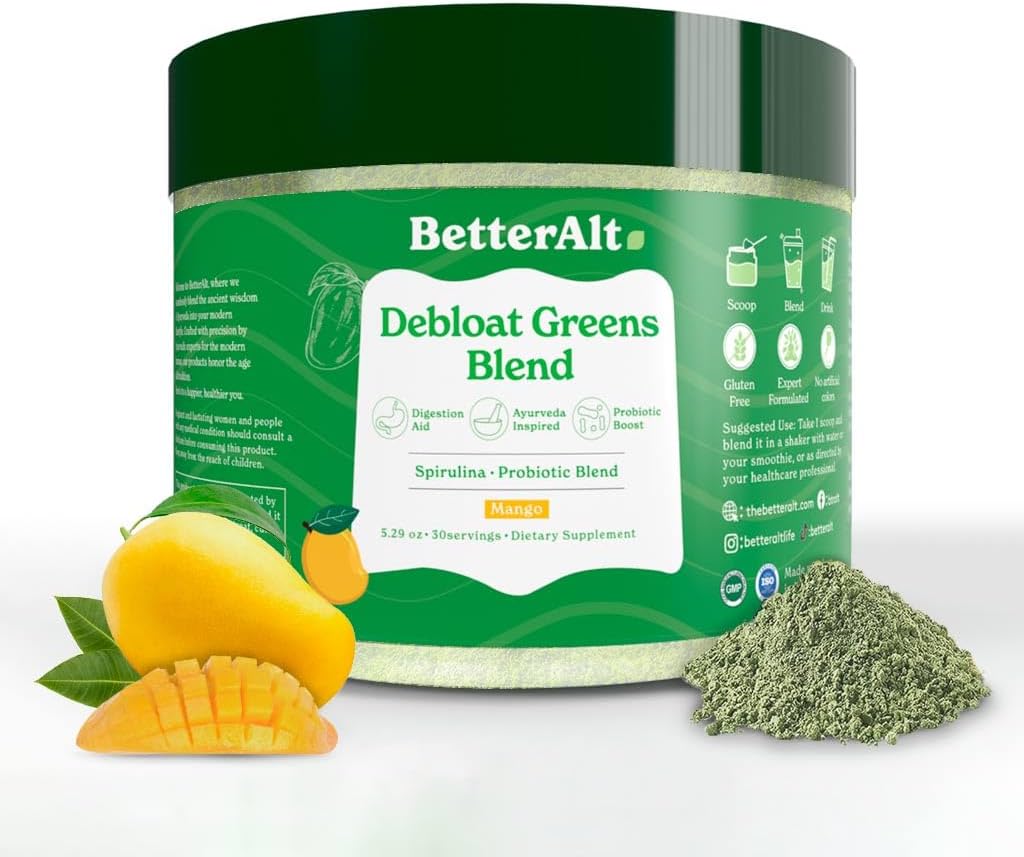 Better Alt Greens Powder, Detox & Debloat with 15 Super Greens Blend of Spirulina, Moringa Powder, Wheatgrass, Pre & Probiotics, Packed with Anti-oxidants, Mango Flavor, No Maltodextrin, 30 Servings