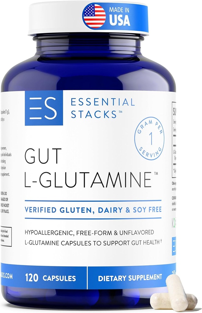 Essential Stacks Gut L-Glutamine Capsules 1000mg (Made in USA) - Gluten, Dairy & Soy Free, Non-GMO L Glutamine for Gut Health - 60 Serves (120 Caps)