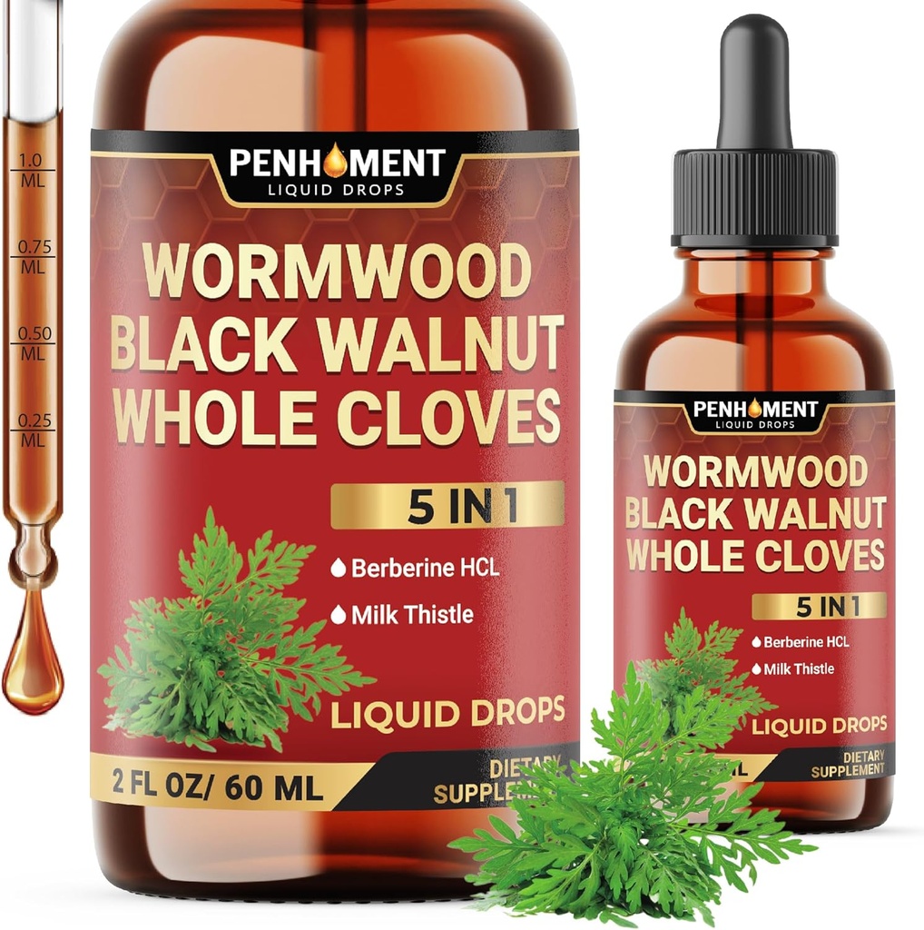 5in1 Wormwood Liquid Drops - Black Walnut Cloves Extract, Berberine, Milk Thistle - 2 Fl oz - 60 Days Supply