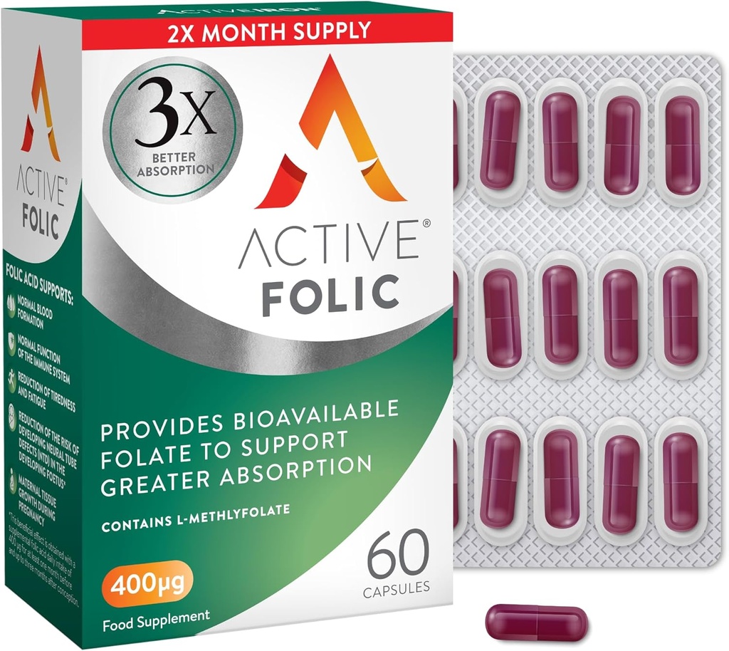 ACTIVEIRON Active Folic 400mcg – L-Methylfolate Folic Acid Supplement – Highly Absorbed, Vegan – Supports Pregnancy, Energy, Tiredness & Fatigue Reduction – 60 Capsules (2-Month Supply)