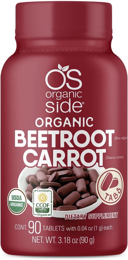 | Beetroot & Carrot Tablets | 100% Pure Organic | 90 Count | 1,120 mg | USDA Certified | Non-GMO, Plant-Based for Heart Health & Energy Boost