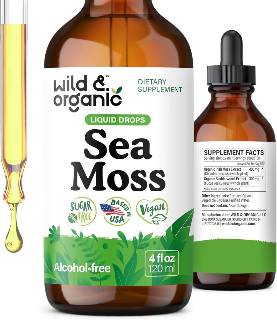 Wild & Organic Sea Moss Drops - Overall Support with Irish Seamoss and Bladderwrack - Multimineral Chondrus Crispus Tincture - Vegan, Sugar & Alcohol-Free Liquid Supplement - 4 fl oz
