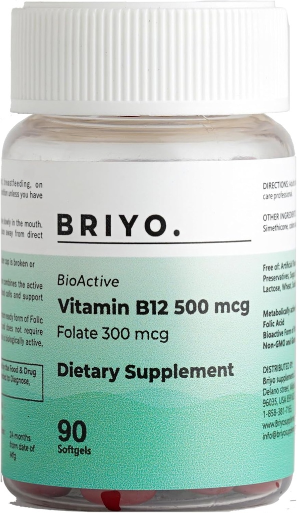 Briyo Vitamin B12 500 mcg (methylcobalamin) with Folate (methylfolate) 90 Mini softgels