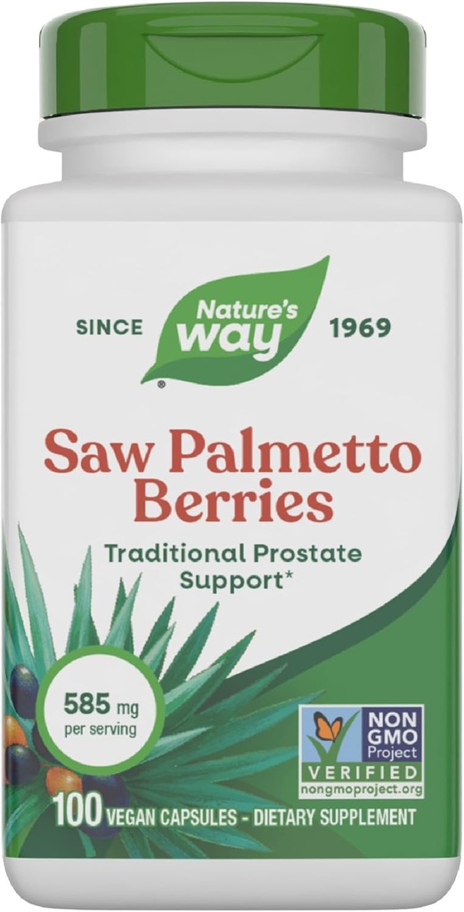 Nature's Way Saw Palmetto Berries, Traditional Prostate Support*, 585 mg per serving, Non-GMO Project Verified, Vegan, 100 Capsules (Packaging May Vary)