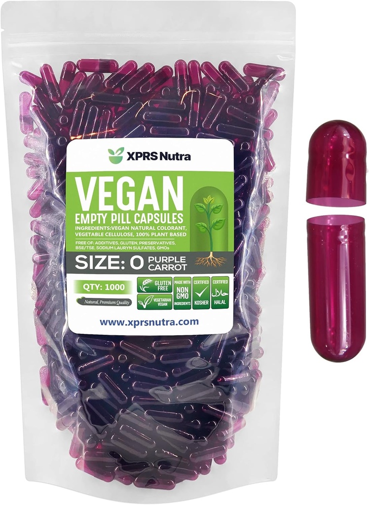 XPRS Nutra Size 0 Empty Capsules - 1000 Count Empty Vegan Capsules - Vegetarian Pills - DIY Vegetable Capsule Filling - Veggie Pill Caps for Do-It-Yourself Supplements (Purple Carrot)