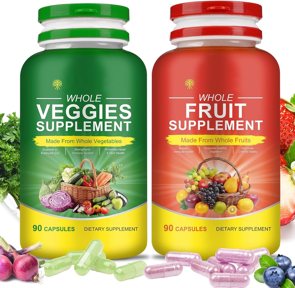 Fiber Fruit and Veggies Supplement, Natural Fruits and Vegetables Supplements Whole Superfood Vitamins & Minerals-90 Veggie and 90 Fruit Capsules for Enhance Immunity, Balanced Gut, Energy Levels