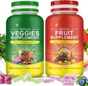 Fiber Fruit and Veggies Supplement, Natural Fruits and Vegetables Supplements Whole Superfood Vitamins & Minerals-90 Veggie and 90 Fruit Capsules for Enhance Immunity, Balanced Gut, Energy Levels