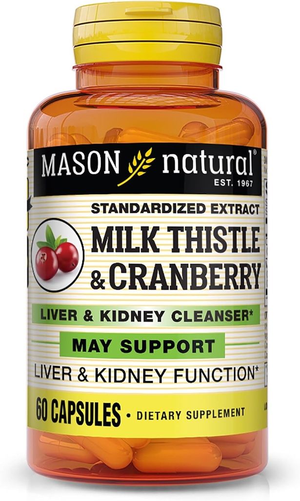 MASON NATURAL Milk Thistle/Cranberry Liver & Kidney Cleanser - Supports Healthy Liver & Kidney Function, Cleanse and Detox, 60 Capsules