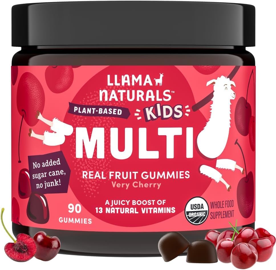 Llama Naturals Kids Multivitamin Gummies, Vegan, Organic with Vitamin D, C & K, Toddler Real Fruit Gummy Vitamins, Chewable Supplement, Whole Food Multivitamin, No Added Sugar Cane, Cherry, 90 Ct