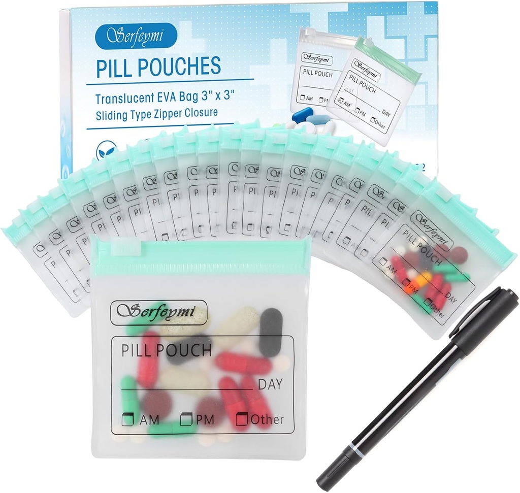Serfeymi 32 Pcs Pill Pouch Bags for Travel Reusable Plastic Bags 3 x 3 Inches 12 mil (Double Sided) Translucent Zippered Pill Pouches for Medicine with Slide Lock & Writable Label，1 Pc Marker - Green