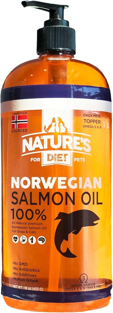 Nature's Diet Pet 32 oz Norwegian Salmon Oil Dogs & Cats - Natural Support for Joint Function Immune Heart Health Appetite Skin & Coat Omega 3 6 9 Liquid Food Topper EPA DHA Fatty Acids