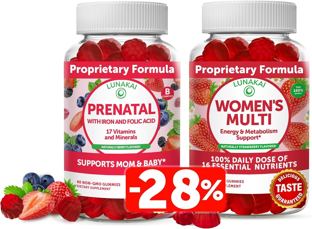 Lunakai Prenatal Vitamin and Women's Multivitamin Gummies Bundle - Pregnancy Multivitamin Gummy with Iron & Folic Acid - with 100% Daily Value of 16 Essential Vitamins and Minerals - 30 Days Supply