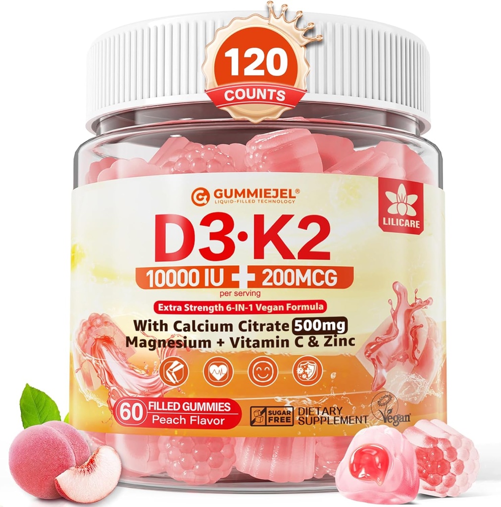 Vitamin D3 K2 Filled Gummies 5000IU / 10,000 IU with 500mg Calcium + K2(MK-7) 200mcg, Magnesium, Vitamin C & Zinc, Extra Strength - Ultimate Absorbency for Bones Muscles Teeth, Vegan -- Pack of 2