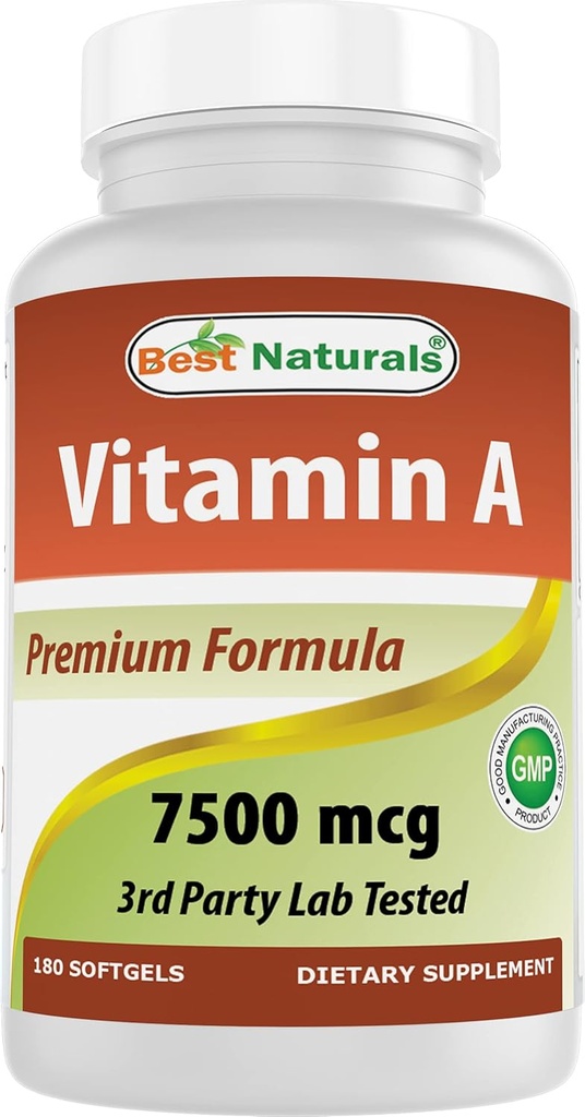 Best Naturals Vitamin A 25000 IU (7500 mcg), Non-GMO Formula Supports Healthy Vision & Immune System and Healthy Growth & Reproduction, 180 Softgels (180 Count (Pack of 1))