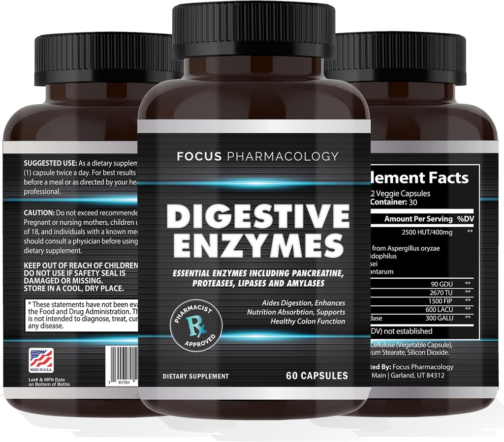 Digestive Enzymes and Priobiotics Blend - 60 Ct Protease, Lipase, Lactase, Galactosidase, Acidophilus, Casei, Plantarum