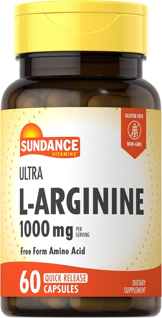 Sundance L-Arginine 1000mg Capsules | 60 Count | Free Form Amino Acid Supplement | Non-GMO and Gluten Free Supplement
