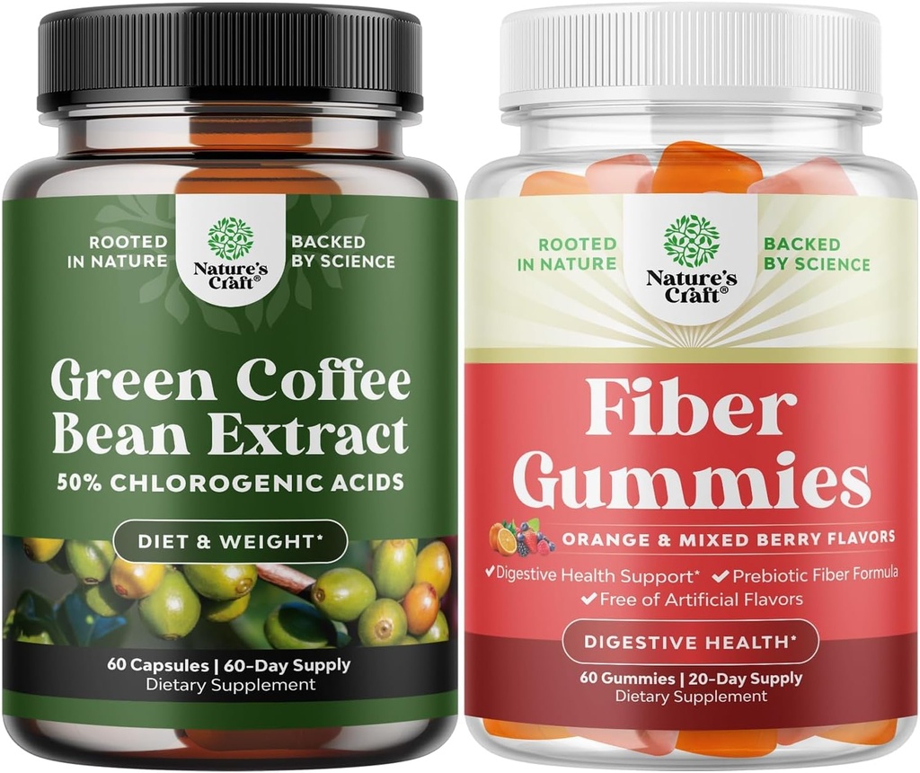 Bundle of Pure Green Coffee Bean Extract with 50% Chlorogenic Acid for Antioxidant Heart Health Mental Focus and Tasty Fiber Gummies with Prebiotic Soluble Chicory Root for Immunity Digestive Support