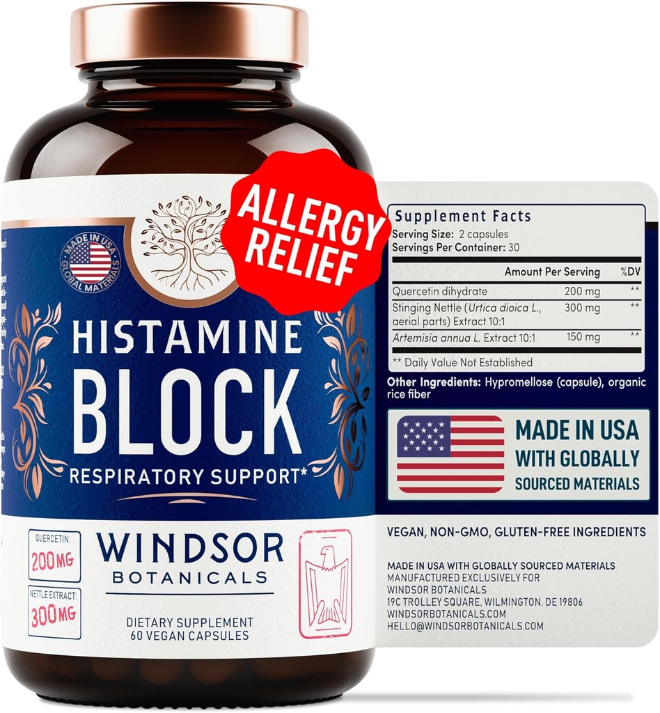 Histamine Blocker for Allergies - Quercetin, Stinging Nettle Flavonoids Natural Antihistamine Tablets - Allergy Relief Supplements & Antihistamines for Adults - 60 Vegan Histamine Block Capsules