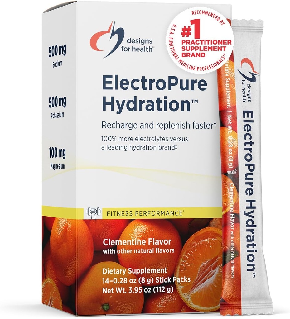 Designs for Health ElectroPure Hydration Packets, Clementine Flavor - Electrolytes Powder with Vitamin C, Magnesium, Zinc, and Potassium - with Stevia and Monk Fruit Sweetener (14 Stick Packets)
