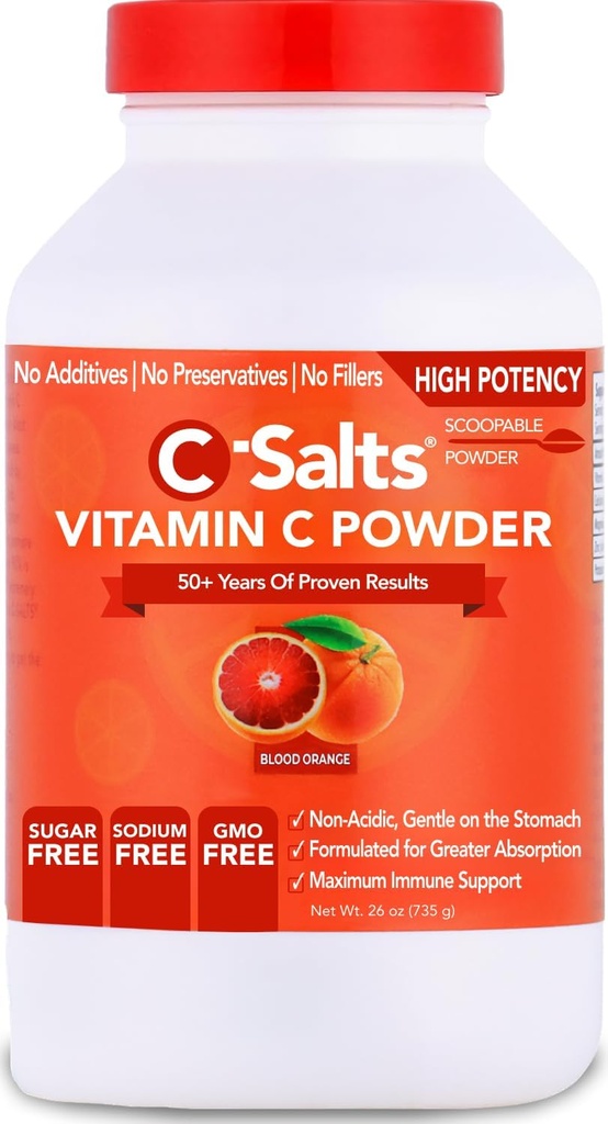 C-Salts Vitamin C Powder Supplement - 100% Pure High Dose Buffered Vitamin C Powder for Immune Support - Organic, Sugar-Free, Vegan, Non-GMO, Stomach-Friendly, Blood Orange 26oz
