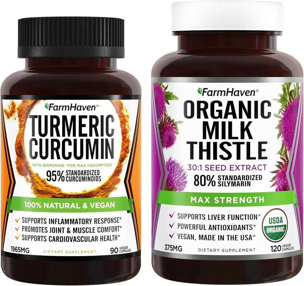 FarmHaven Milk Thistle 120 Capsules and Turmeric Curcumin 90 Capsules