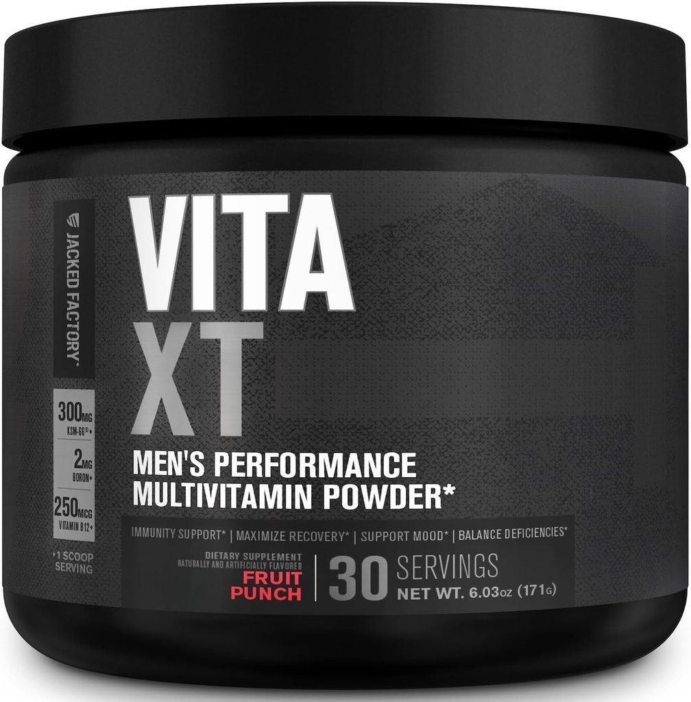 Jacked Factory Vita XT Performance Vitamin Powder - Daily Multivitamin Powder for Men with KSM-66 Ashwagandha, Prebiotic Fiber, Vitamin A, C, D, K, B6, B12, & More - Fruit Punch, 30Sv