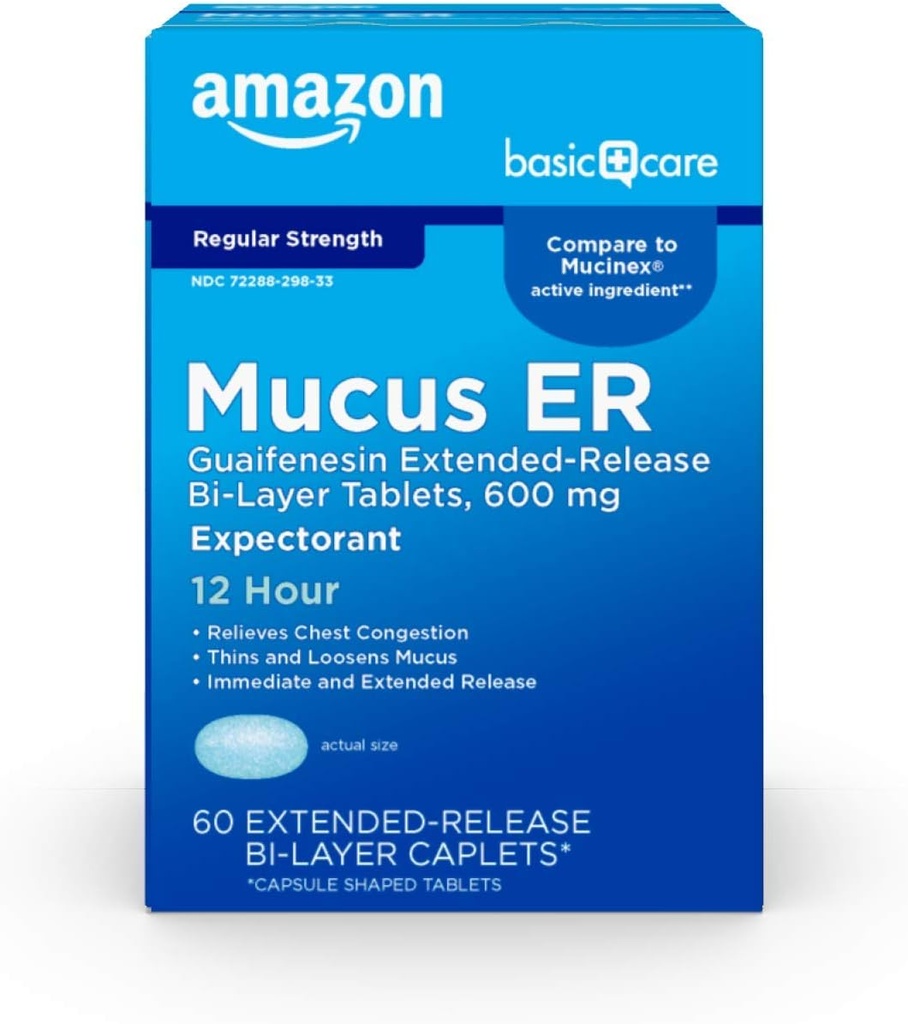 Amazon Basic Care Guaifenesin Extended-Release Bi-Layer Tablets, 600 mg, 12 Hour Expectorant, 60 Count