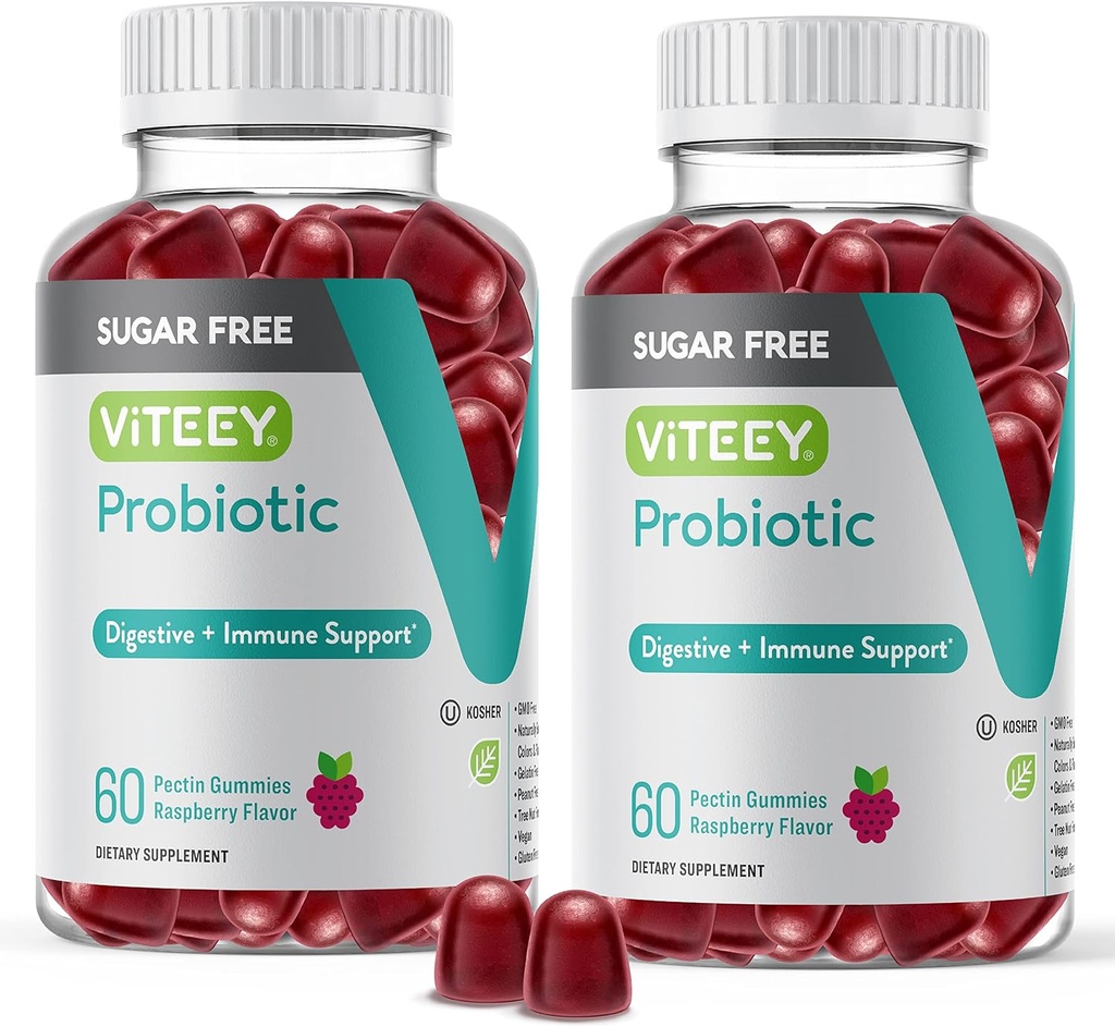 Viteey Probiotic Gummies for Women, Men & Teens, 2 Billion CFUs - Sugar Free - Immune Booster, Digestive Support, Gut Health - Vegan, Gelatin Free, GMO Free - Tasty Chewable Raspberry Flavored Gummy