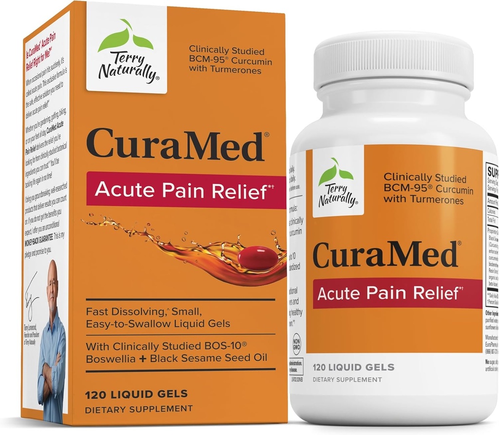 Terry Naturally CuraMed Acute Pain Relief - Supplement with BCM-95 Curcumin & BOS-10 Boswellia - Black Sesame Seed Oil to Support Relief of Occasional Discomfort - 120 Liquid Gels