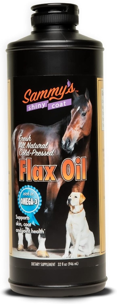 Sammy’s™ Shiny Coat Flaxseed Oil - 100% Pure, Natural Flax Oil, Cold-Pressed, Excellent Source of Omega-3 for Your Furry Friend, for Healthier Skin and Coat of Your Dogs, Cats, Other Pets - 32 Oz