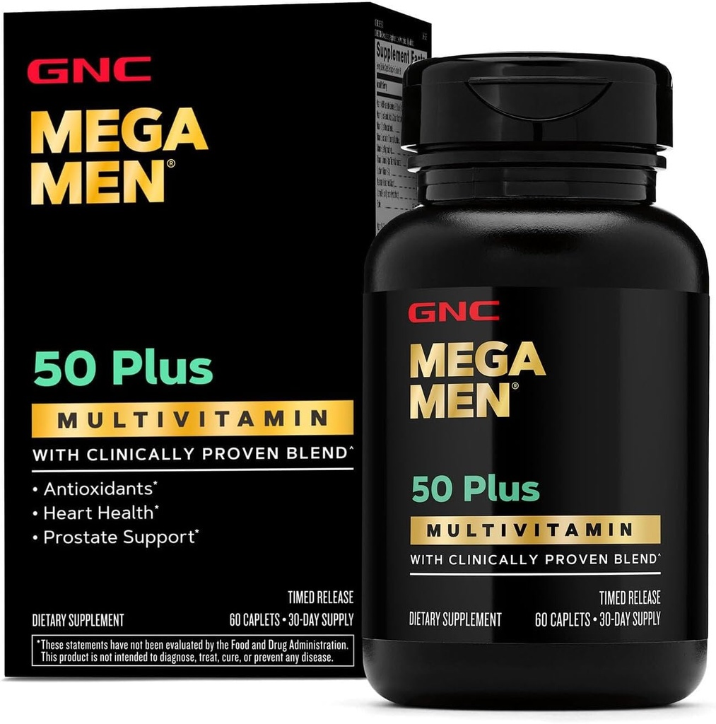 GNC Mega Men 50 Plus Multivitamin Caplets, Clinically Proven, Heart & Prostate Health, B Vitamins, Saw Palmetto, Memory, Vitamin D-3, 60 count
