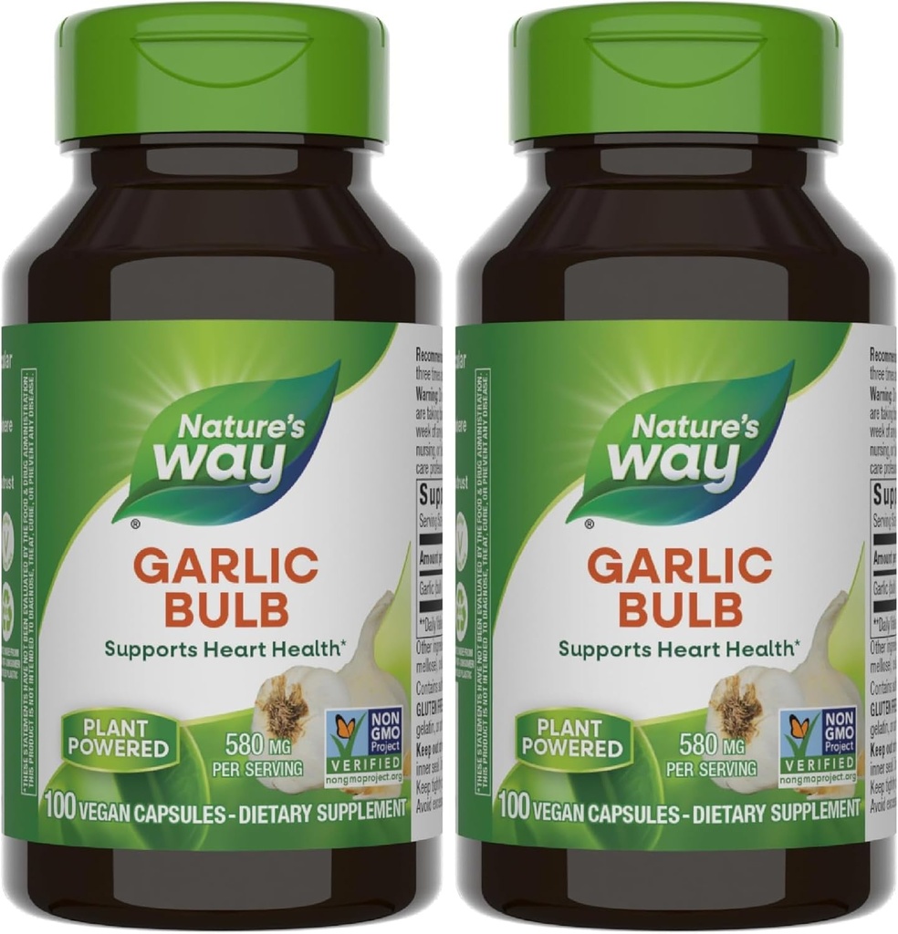 Nature's Way Garlic Bulb, Supports Heart Health*, 100 Vegan Capsules (Pack of 2)