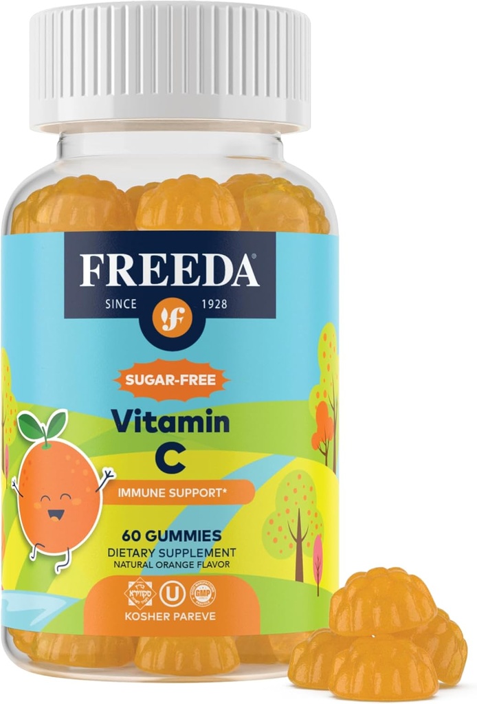 FREEDA Vitamin C Kids Vitamin C Gummies - Kids Sugar Free VIT C Gummy Chewable for Adults, Teens & Children - Certified Kosher, Delicious Orange Flavor, Zero Sugar Immune Support Supplement (60 Ct)