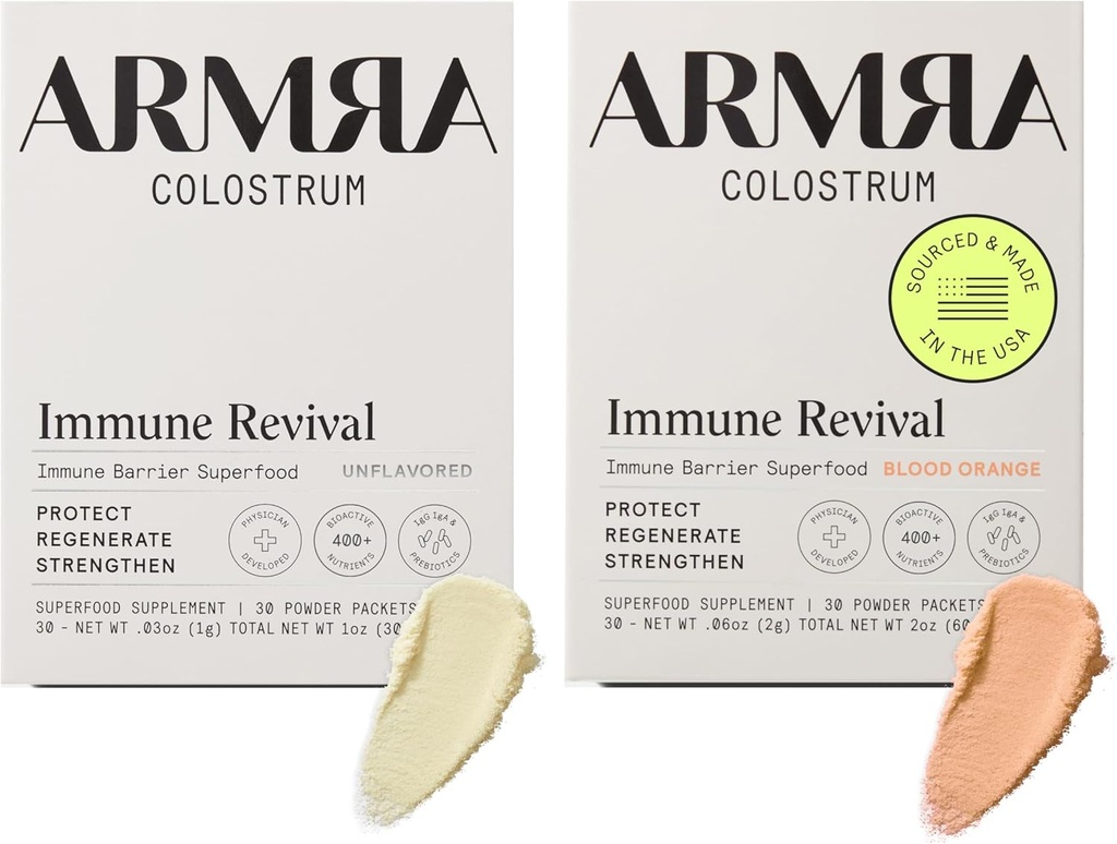 ARMRA Colostrum™ Premium Powder, Grass Fed, Gut Health Bloating Immunity Skin & Hair, Contains 400+ Bioactive Nutrients, Keto, Gluten & Fat Free (Unflavored, Blood Orange Bundle | 60 Servings)