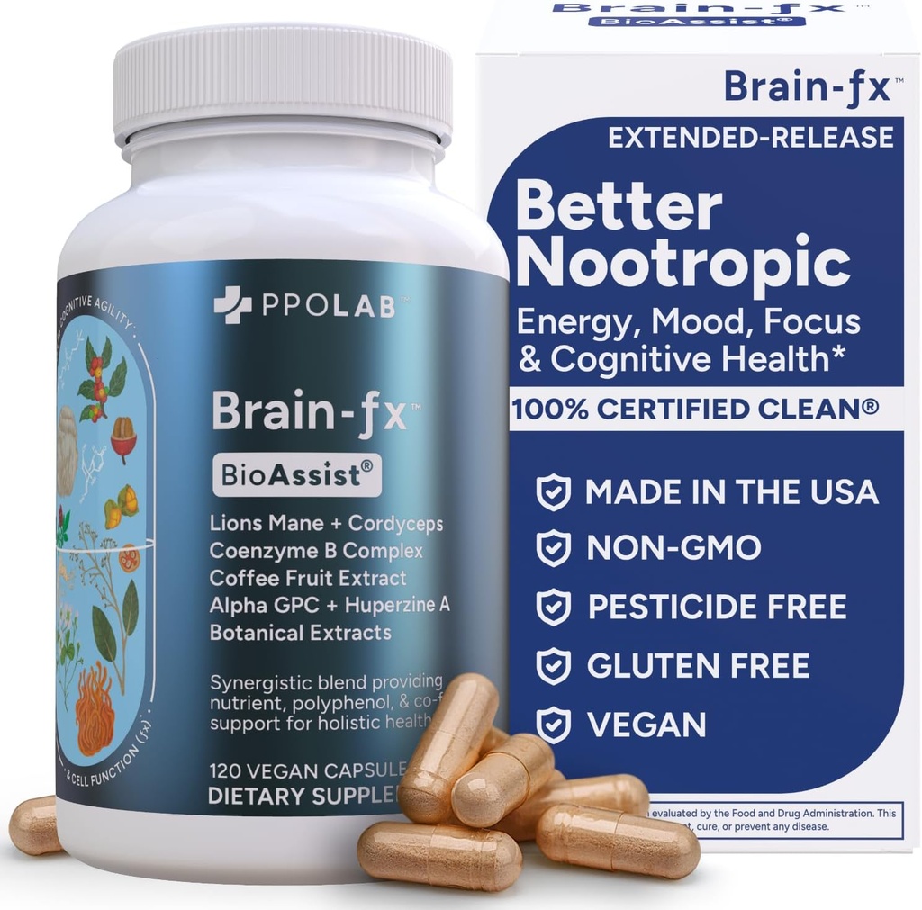 Brain-fx™ B Vitamins & Herbs for Memory and Focus, Nootropic Supplement, Methylated B Complex Choline Bacopa Lions Mane Cordyceps Mushroom Coffee Fruit Extract Alpha GPC L Theanine Huperzine A - 120ct