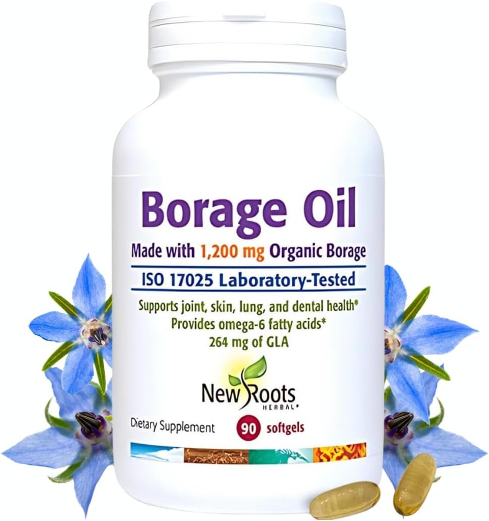 NEW ROOTS HERBAL Organic Borage Oil Supplement 1200 mg | GLA Supplement (264mg) with Linoleic Acid (444mg) | Borage Seed Oil Cold-Pressed, 100% Hexane-Free, for Skin & Hair (90 softgels)
