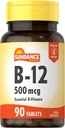 Sundance Vitamin B-12 | 500mcg | 90 Vegetarian Tablets | Essential Vitamin Supplement | Non-GMO and Gluten Free Formula