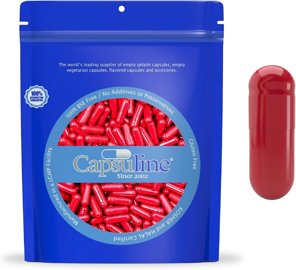 Capsuline Size 0 - Colored Red Empty Gelatin Capsules - 500 Count - Empty Gel Pill Capsules - DIY Pure Bovine Pill Capsule Filling - Empty Caps - Kosher and Halal Certified