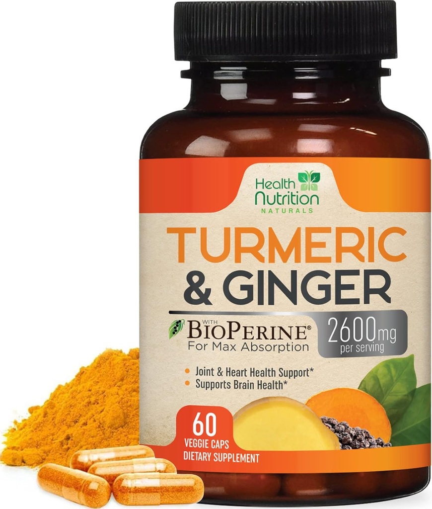 Turmeric Curcumin Supplement 2600mg - with Organic Ginger & Turmeric, 95% Curcuminoids, BioPerine Black Pepper for Best Absorption, Nature's Vegan Joint Support, Non-GMO, Bottled in USA - 60 Capsules