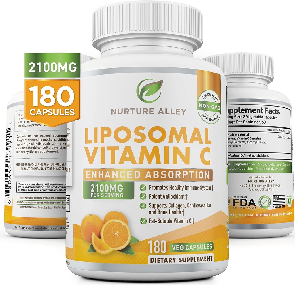 Liposomal Vitamin C 2100mg- 180 Capsules High Absorption Ascorbic Acid - Supports Immune System and Collagen Booster - Powerful Antioxidant High Dose Fat Soluble Supplement