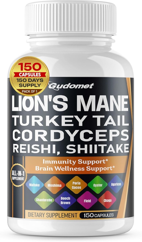 Organic Lion's Mane Turkey Tail Cordyceps Reishi Shiitake Maitake Meshima Poria Cocos Oyster Mushroom Agaricus Chaga Shiitake Snow Mushroom -150 Capsules- Made in USA