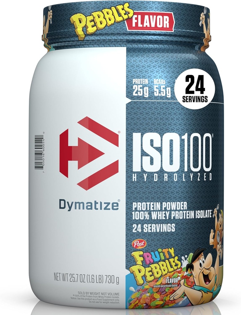 Dymatize x Fruity Pebbles ISO100 Whey Protein Powder Isolate, 25g of Protein, 20 Servings, 5.5g BCAAs, 120 Cal., Gluten Free, 1g Fat, 1g Sugar, 2g Carb (24 Servings)