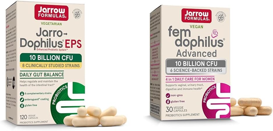 Jarrow Formulas Probiotics Bundle with Jarro-Dophilus EPS 10 Billion CFU 120 Caps and Fem-Dophilus Advanced 10 Billion CFU 30 Caps