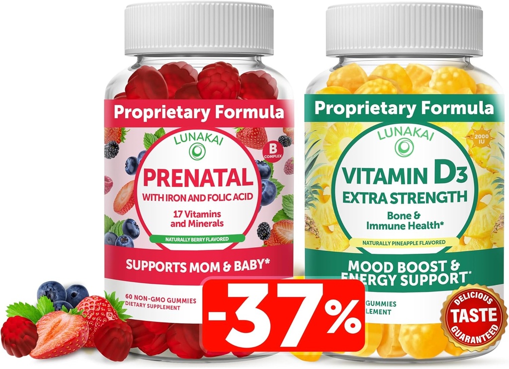 Lunakai Prenatal and Vitamin D3 Gummies Bundle - Pregnancy Multivitamin Gummy with Iron & Folic Acid - Immunity, Bone and Mood Support Supplement for Adults